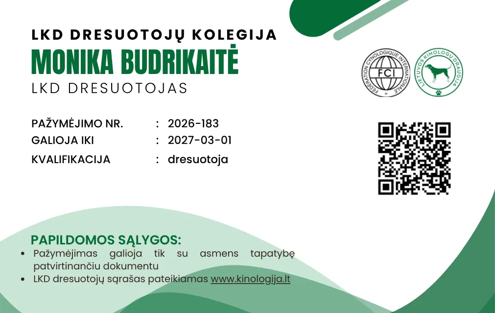 Monika Budrikaitė, pažymėjimas: LKD dresuotojo pažymėjimas (Lietuvos kinologų draugija (FCI))